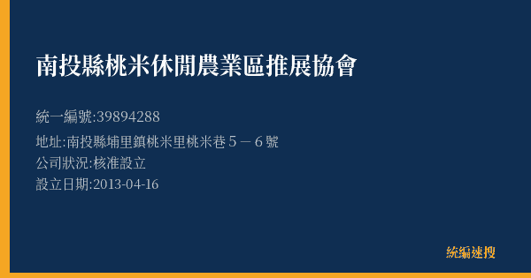 南投縣桃米休閒農業區推展協會的照片-統編 39894288(南投縣) 公司登記資料與營業項目詳細圖表