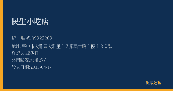 民生小吃店的照片-統編 39922209(臺中市) 公司登記資料與營業項目詳細圖表