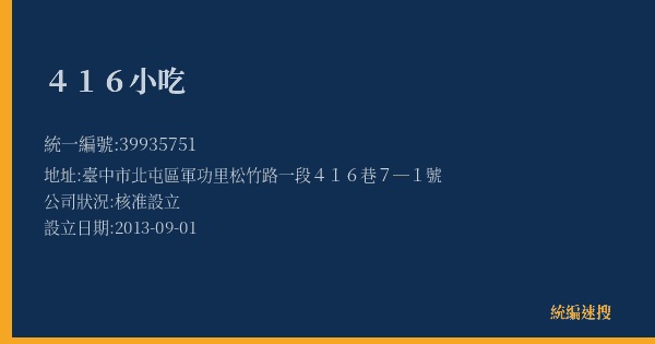 416小吃的照片-統編 39935751(臺中市) 公司登記資料與營業項目詳細圖表