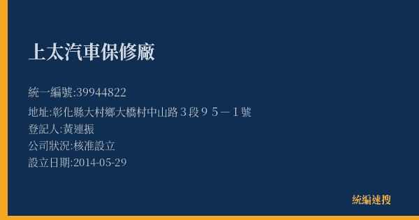 上太汽車保修廠的照片-統編 39944822(彰化縣) 公司登記資料與營業項目詳細圖表