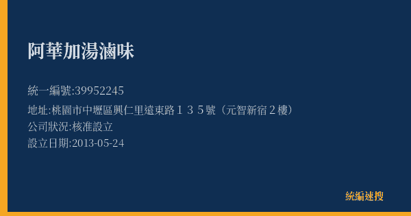 阿華加湯滷味的照片-統編 39952245(桃園市) 公司登記資料與營業項目詳細圖表