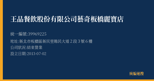 王品餐飲股份有限公司藝奇板橋麗寶店的照片-統編 39969225(新北市) 公司登記資料與營業項目詳細圖表