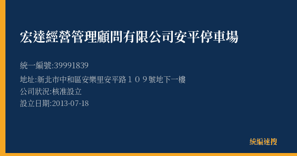 宏達經營管理顧問有限公司安平停車場的照片-統編 39991839(新北市) 公司登記資料與營業項目詳細圖表