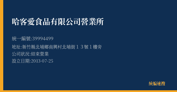哈客愛食品有限公司營業所的照片-統編 39994499(新竹縣) 公司登記資料與營業項目詳細圖表