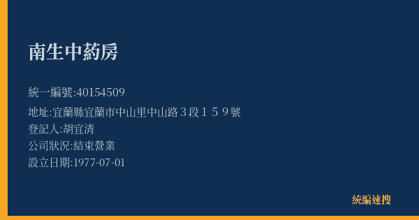 南生中葯房的照片-統編 40154509(宜蘭縣) 公司登記資料與營業項目詳細圖表