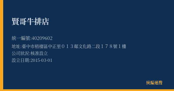 賢哥牛排店的照片-統編 40209602(臺中市) 公司登記資料與營業項目詳細圖表