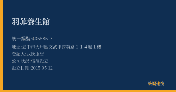 羽菲養生館的照片-統編 40558517(臺中市) 公司登記資料與營業項目詳細圖表