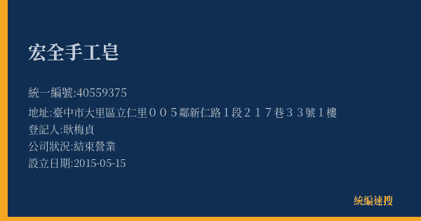 宏全手工皂的照片-統編 40559375(臺中市) 公司登記資料與營業項目詳細圖表