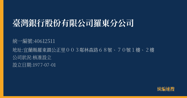 臺灣銀行股份有限公司羅東分公司的照片-統編 40612511(宜蘭縣) 公司登記資料與營業項目詳細圖表