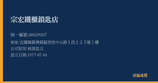宗宏鐵櫃鎖匙店的照片-統編 40619107(宜蘭縣) 公司登記資料與營業項目詳細圖表