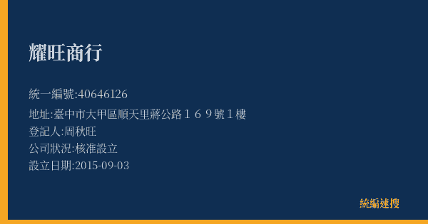 耀旺商行的照片-統編 40646126(臺中市) 公司登記資料與營業項目詳細圖表