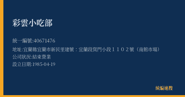 彩雲小吃部的照片-統編 40671476(宜蘭縣) 公司登記資料與營業項目詳細圖表