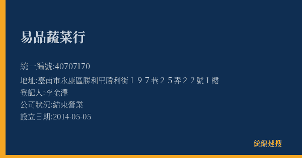 易品蔬菜行的照片-統編 40707170(臺南市) 公司登記資料與營業項目詳細圖表