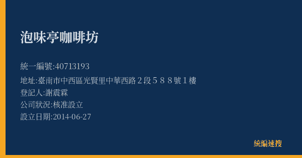 泡味亭咖啡坊的照片-統編 40713193(臺南市) 公司登記資料與營業項目詳細圖表