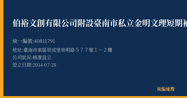 伯裕文創有限公司附設臺南市私立金明文理短期補習班的照片-統編 40811791(臺南市) 公司登記資料與營業項目詳細圖表