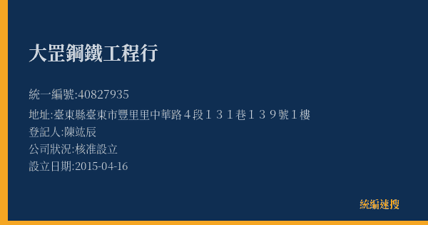 大罡鋼鐵工程行的照片-統編 40827935(臺東縣) 公司登記資料與營業項目詳細圖表