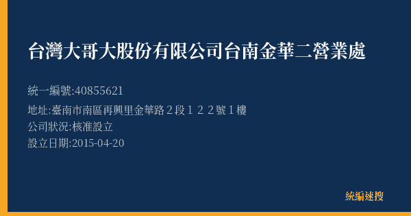 台灣大哥大股份有限公司台南金華二營業處的照片-統編 40855621(臺南市) 公司登記資料與營業項目詳細圖表