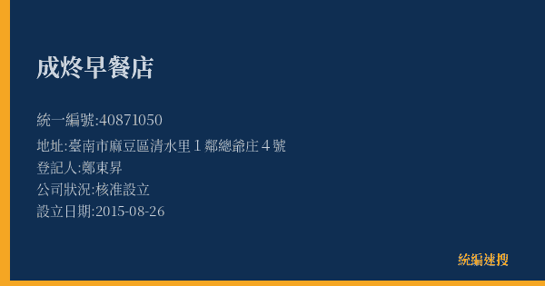 成炵早餐店的照片-統編 40871050(臺南市) 公司登記資料與營業項目詳細圖表