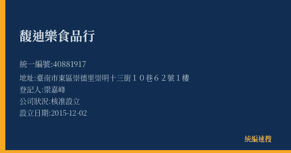 馥迪樂食品行的照片-統編 40881917(臺南市) 公司登記資料與營業項目詳細圖表