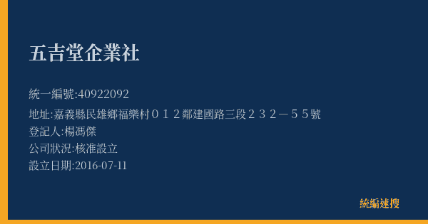 五吉堂企業社的照片-統編 40922092(嘉義縣) 公司登記資料與營業項目詳細圖表