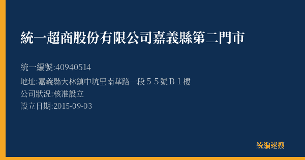 統一超商股份有限公司嘉義縣第二門市的照片-統編 40940514(嘉義縣) 公司登記資料與營業項目詳細圖表