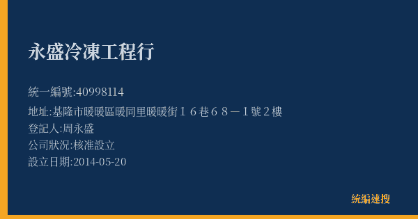 永盛冷凍工程行的照片-統編 40998114(基隆市) 公司登記資料與營業項目詳細圖表