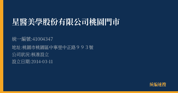 星醫美學股份有限公司桃園門市的照片-統編 41004347(桃園市) 公司登記資料與營業項目詳細圖表