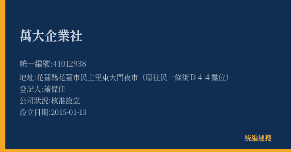 萬大企業社的照片-統編 41012938(花蓮縣) 公司登記資料與營業項目詳細圖表