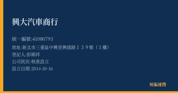 興大汽車商行的照片-統編 41080793(新北市) 公司登記資料與營業項目詳細圖表