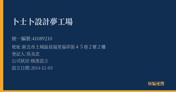 卜士卜設計夢工場的照片-統編 41089210(新北市) 公司登記資料與營業項目詳細圖表