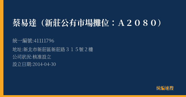 蔡易達(新莊公有市場攤位:A2080)的照片-統編 41111796(新北市) 公司登記資料與營業項目詳細圖表