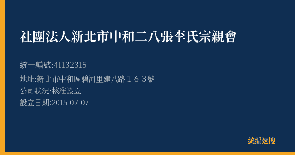 社團法人新北市中和二八張李氏宗親會的照片-統編 41132315(新北市) 公司登記資料與營業項目詳細圖表