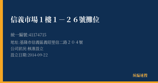 信義市場1樓1-26號攤位的照片-統編 41174715(基隆市) 公司登記資料與營業項目詳細圖表