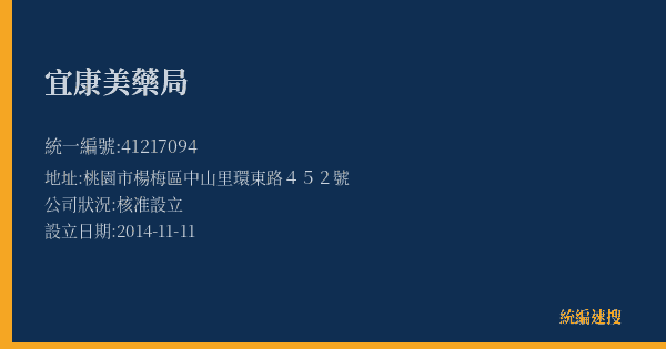 宜康美藥局的照片-統編 41217094(桃園市) 公司登記資料與營業項目詳細圖表