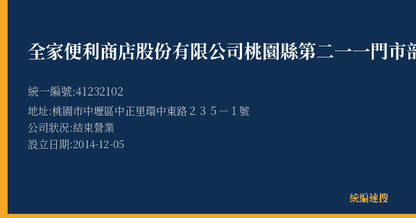 全家便利商店股份有限公司桃園縣第二一一門市部的照片-統編 41232102(桃園市) 公司登記資料與營業項目詳細圖表