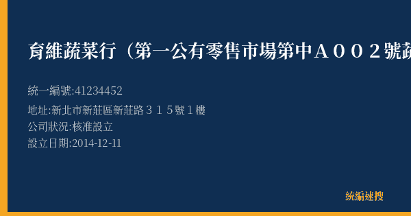 育維蔬菜行(第一公有零售市場第中A002號蔬菜類)的照片-統編 41234452(新北市) 公司登記資料與營業項目詳細圖表