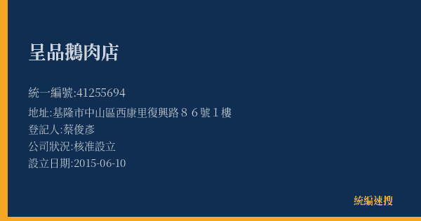 呈品鵝肉店的照片-統編 41255694(基隆市) 公司登記資料與營業項目詳細圖表