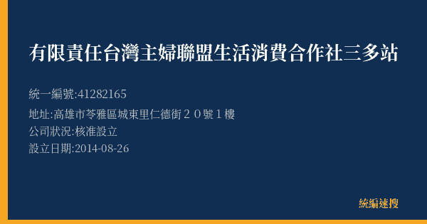 有限責任台灣主婦聯盟生活消費合作社三多站的照片-統編 41282165(高雄市) 公司登記資料與營業項目詳細圖表