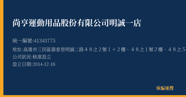 尚亨運動用品股份有限公司明誠一店的照片-統編 41343775(高雄市) 公司登記資料與營業項目詳細圖表