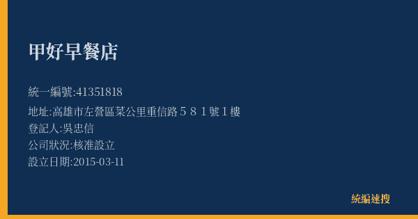 甲好早餐店的照片-統編 41351818(高雄市) 公司登記資料與營業項目詳細圖表