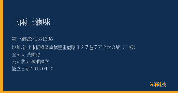 三兩三滷味的照片-統編 41371336(新北市) 公司登記資料與營業項目詳細圖表