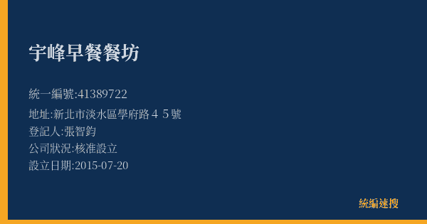 宇峰早餐餐坊的照片-統編 41389722(新北市) 公司登記資料與營業項目詳細圖表