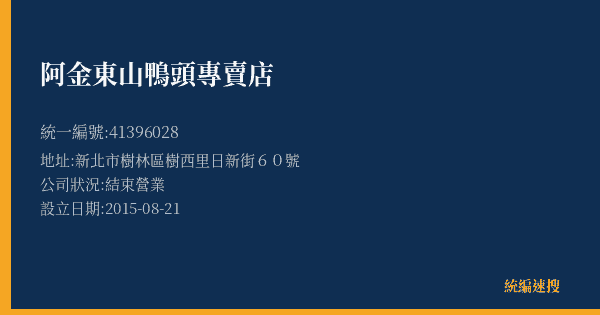阿金東山鴨頭專賣店的照片-統編 41396028(新北市) 公司登記資料與營業項目詳細圖表