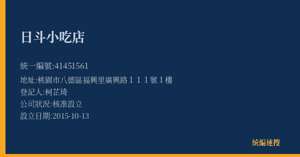 日斗小吃店的照片-統編 41451561(桃園市) 公司登記資料與營業項目詳細圖表