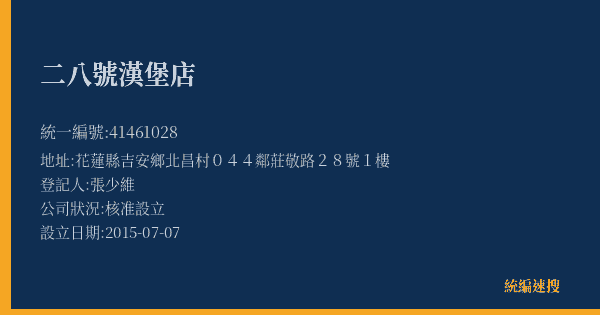 二八號漢堡店的照片-統編 41461028(花蓮縣) 公司登記資料與營業項目詳細圖表