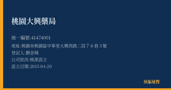 桃園大興藥局的照片-統編 41474001(桃園市) 公司登記資料與營業項目詳細圖表