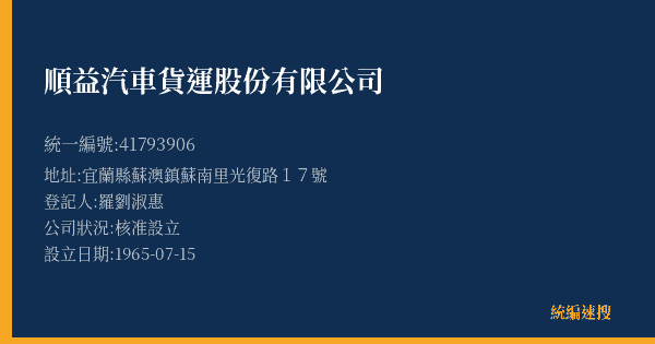 順益汽車貨運股份有限公司的照片-統編 41793906(宜蘭縣) 公司登記資料與營業項目詳細圖表