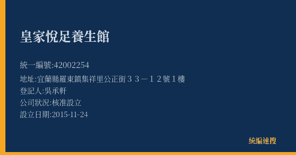 皇家悅足養生館的照片-統編 42002254(宜蘭縣) 公司登記資料與營業項目詳細圖表