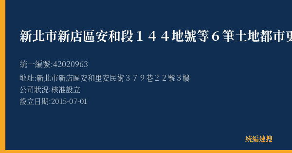 新北市新店區安和段144地號等6筆土地都市更新會的照片-統編 42020963(新北市) 公司登記資料與營業項目詳細圖表