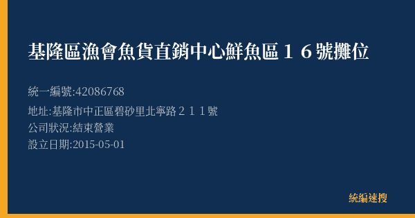基隆區漁會魚貨直銷中心鮮魚區16號攤位的照片-統編 42086768(基隆市) 公司登記資料與營業項目詳細圖表